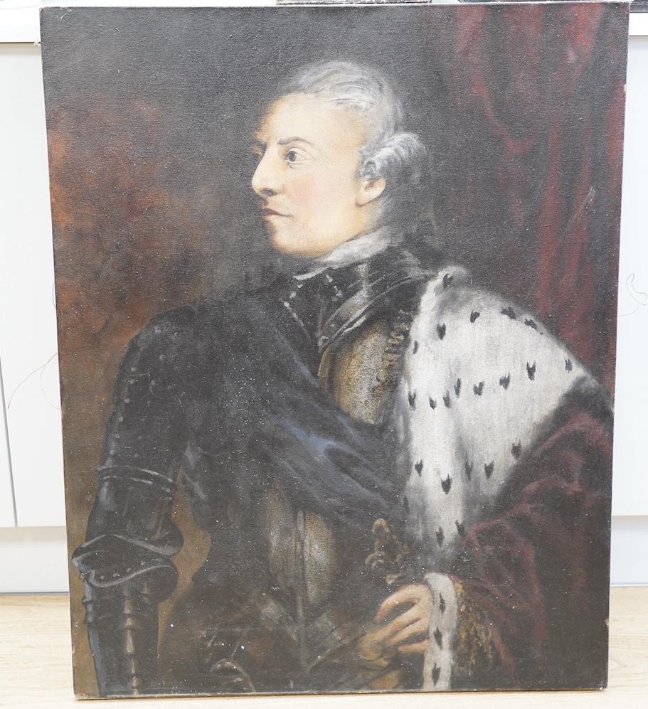 Decorative oil on canvas, Portrait of King George III in ermine and armour, unsigned, 93 x 74cm, unframed. Condition - fair